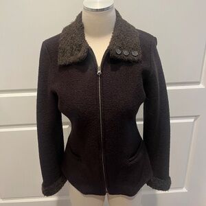 Jenne Maag 100% Wool Brown Zip-Front Jacket with Accents on Collar and Cuffs, S